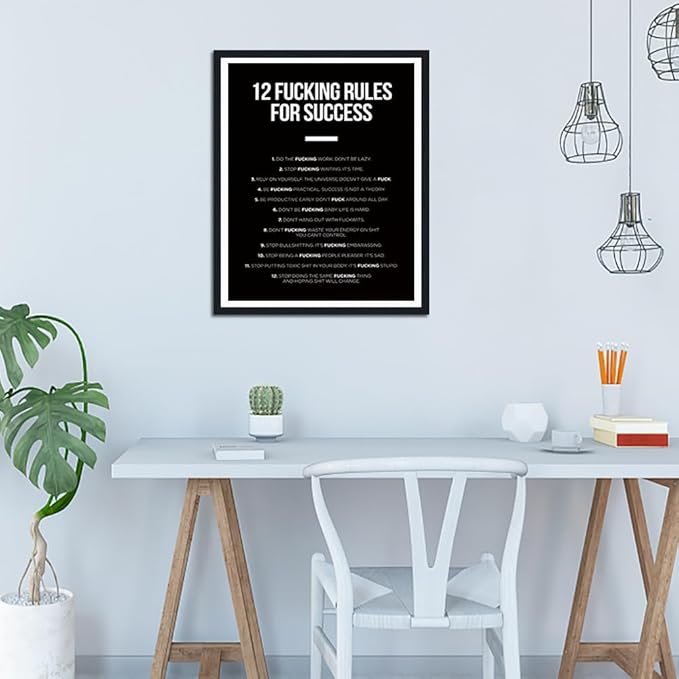 12 Fucking Rules for Success Framed Canvas Print Wall Art, Black White Motivational Poster, Success Wall Pictures for Home Office Dorm Decor, Ready to Hang, 12.5x16.5 Inches