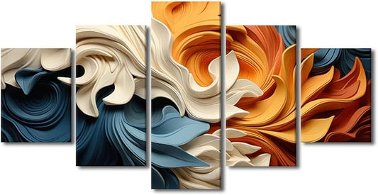 Living Room Wall Art Decor Abstract Canvas Wall Art Blue Orange Yellow Brown Waves Abstract Art Painting Artwork 5 Panel Canvas Wall Art for Men Lady Office Wall Decor Framed Ready to Hang 60x32 in