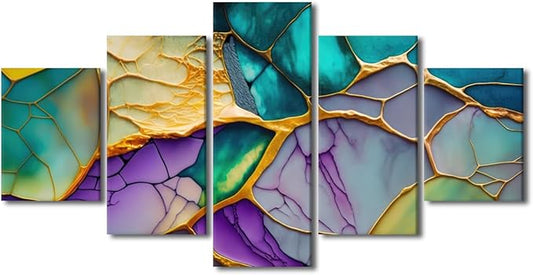Abstract Canvas Wall Art Decor Modern Living Room Wall Art Abstract Mountains Rivers Streams Picture Printing 5 Panel Home Decor for Native Americans Office Wall Decor Framed Ready to Hang 60x32 in