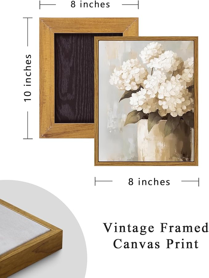 ARPEOTCY Vintage Framed Canvas Wall Art, Retro White Hydrangeas Painting Pictures Decor, Vintage Farmhouse Floral Canvas Wall Art for Living Room, Bathroom, Bedroom Aesthetic(8 x 10 Inch)