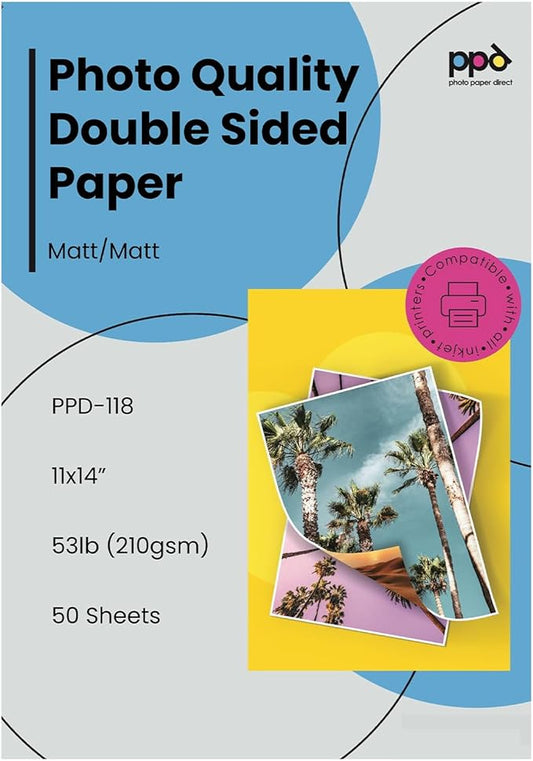 PPD Double Sided Photo Paper, Matte Brochure Paper 11 x 14 for Inkjet Printer, 210 gsm, 9 mil Thick for Magazine, Flyer, Presentation, Program, Instant Dry & Water Resistant (50 Sheets)