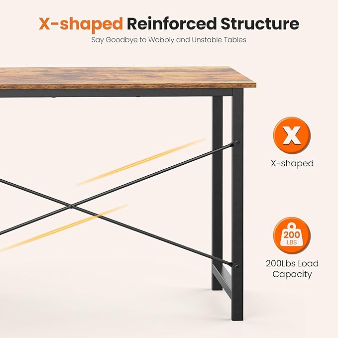 Sweetcrispy 47 Inch Computer Desk with Drawers for Home Office, Writing Desk with X-Shaped Reinforcement, Wood Table with Adjustable Position Drawers, Modern Study Work Table with Side Hook, Rust