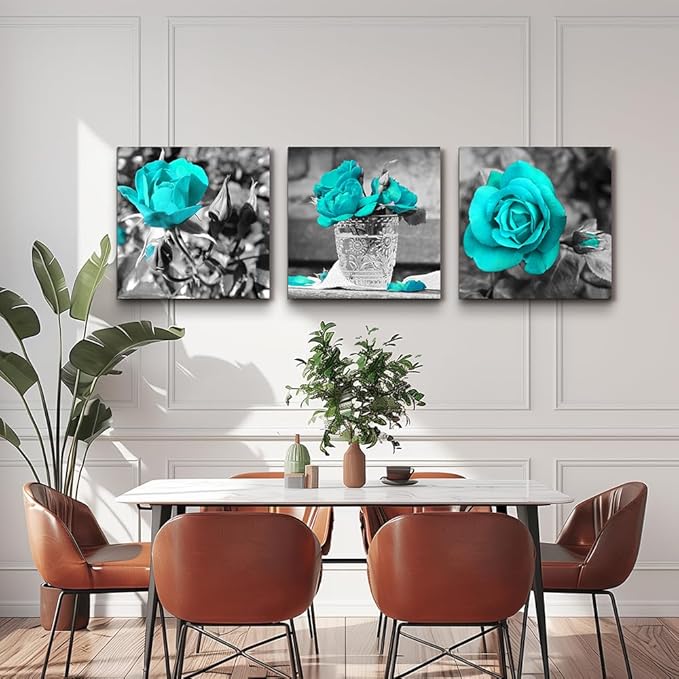 wall art for living room Black and white rose flowers Blue Big Canvas Prints Wall Decor Artwork 24" x 24" 3 Pieces Framed Watercolor Giclee with Black Border Ready to Hang for bedroom Home Decoration