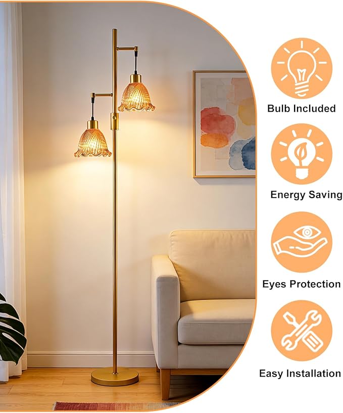 Lightdot 2- Light Gold Flower Floor Lamp for Living Room, 65IN Dimmable Floor Lamps with Rose Red Glass Shade&3000K Warm White Bulbs, Modern Standing Tall Lamp for Bedroom Office