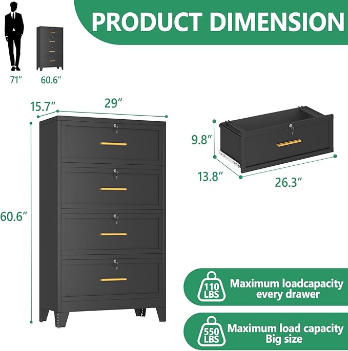 Metal Lateral File Cabinet with Lock,4 Drawer Steel Wide Filing Organization Storage Cabinets,Office Filing Cabinet for Legal/Letter/A4/F4 Size with Hanging Files&Key,Lockable Cabinets for Home Office