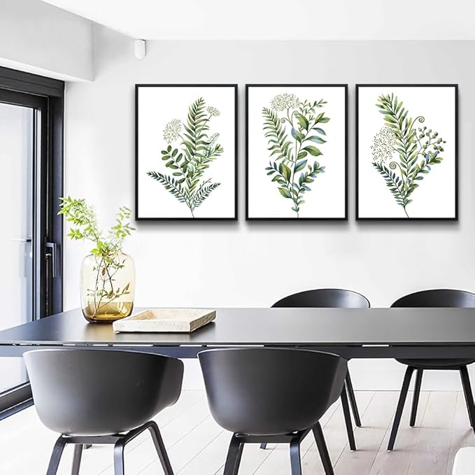 AHUASJART Green Leaves Poster Wall Paintings Black Framed Wall Art For Living Room Office Wall Decorations Kitchen Wall Decor large Canvas Print Decor Modern Simple Bedroom Home Decoration 3 Pieces