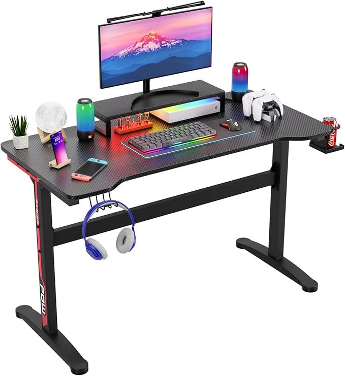 PayLessHere 47 Inch Gaming Desk T-Shaped Computer Desk Racing Style Gamer Table with Cup Holder & Headphone Hook Office Desk Modern Workstation for Home Office & PC Gaming Setup