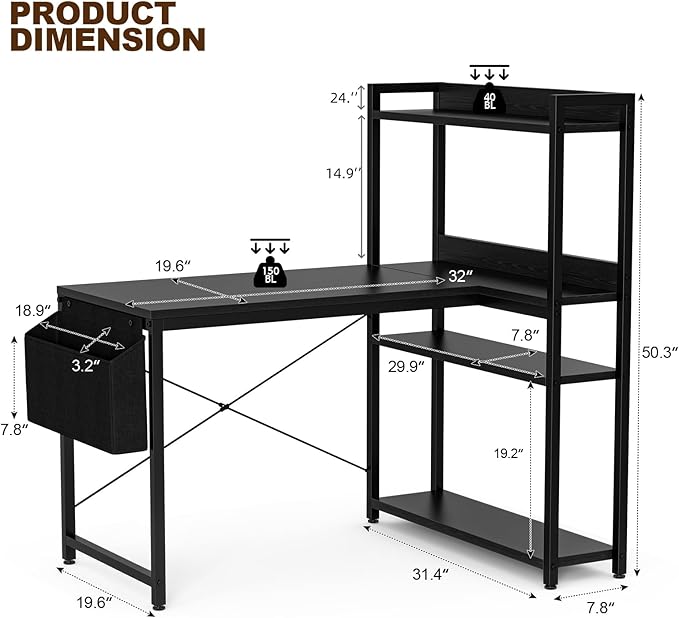 Grandder 40 Inch L Shaped Computer Desk with Reversible Storage Shelves, Home Office Corner Desk Study Writing Table with Hutch, Study, Black