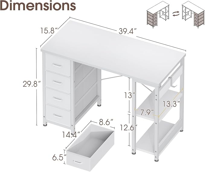 Casaottima 40 Inch Small Computer Desk with 4 Fabric Drawers, Modern PC Desk for Small Spaces, Home Office Desk with Storage Shelves, White