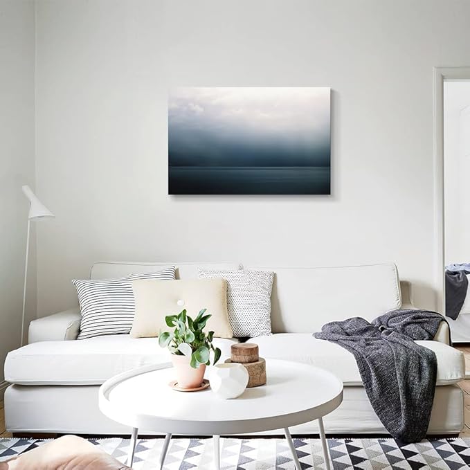 Large Canvas Wall Art Modern Abstract Art Paintings Green Mountains Blue Sea Under the Grey Sky Scenery Framed Artwork Pictures for Living Room Bedroom Hallway Wall Decor 36x24in