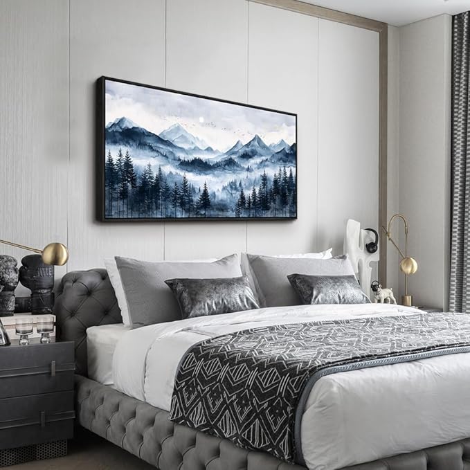 ERQINHUA Black Framed Canvas Wall Art For Bedroom Large Wall Decor For Living Room Modern Office Home Decorations Printed Misty and Fog Forest Painting Mountain Landscape Wall Aesthetics 24x48 In