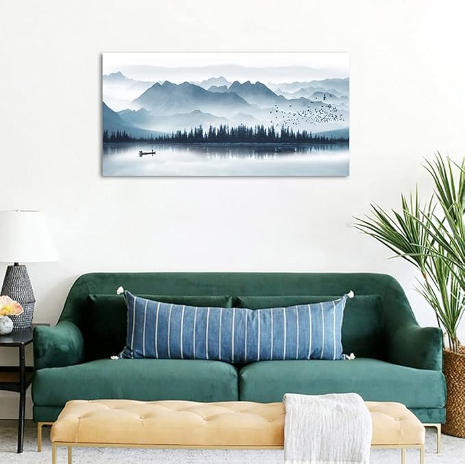 arteWOODS Indigo Canvas Wall Art Misty Mountain Wall Pictures Foggy Lake Boat Painting Prints Forest Birds Artwork Wall Decor for Living Room Wall Decorations Framed Ready to Hang 24" x 48"
