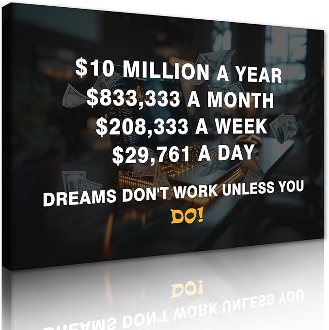 Motivational Financial Canvas Wall Art 10 Million Dollars a Year Inspirational Poster Money Dreams Entrepreneur Motivation Prints Wall Decor for Office Living Room Bedroom Easy to Hand 12x16inch