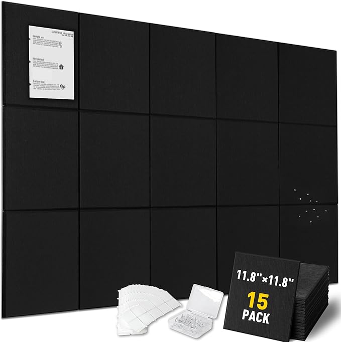 MAXECHO 15-Pack Cork Board Tiles for Wall, Large (59" x 36") Black Felt Bulletin Board with Pushpins, Felt Wall Tiles for Office Corkboard, Push Pin Board Felt Board
