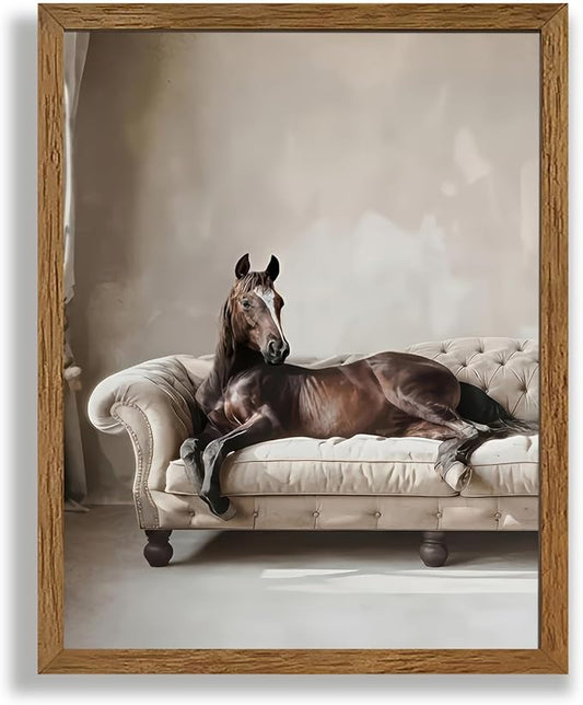 AVECCO Framed Funny Elegant Vintage Canvas Horse Wall Art, Western Brown Horse on Sofa Pictures Wall Decor, Unique Animal Art Prints for Bathroom Bedroom Living Room Office Home Decoration 8x10 Inch