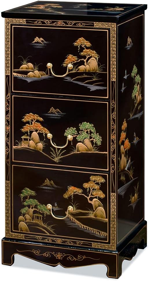 ChinaFurnitureOnline Black Lacquer Chinoiserie Scenery Motif 3 Drawer Oriental File Cabinet