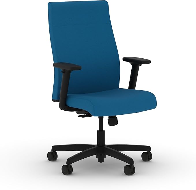 HON Ignition 2.0 Fabric Office Chair, Upholstered, Adjustable Arms, Standard Synchro-Tilt Recline Executive Ergonomic Office Chair, Black Frame, Peacock