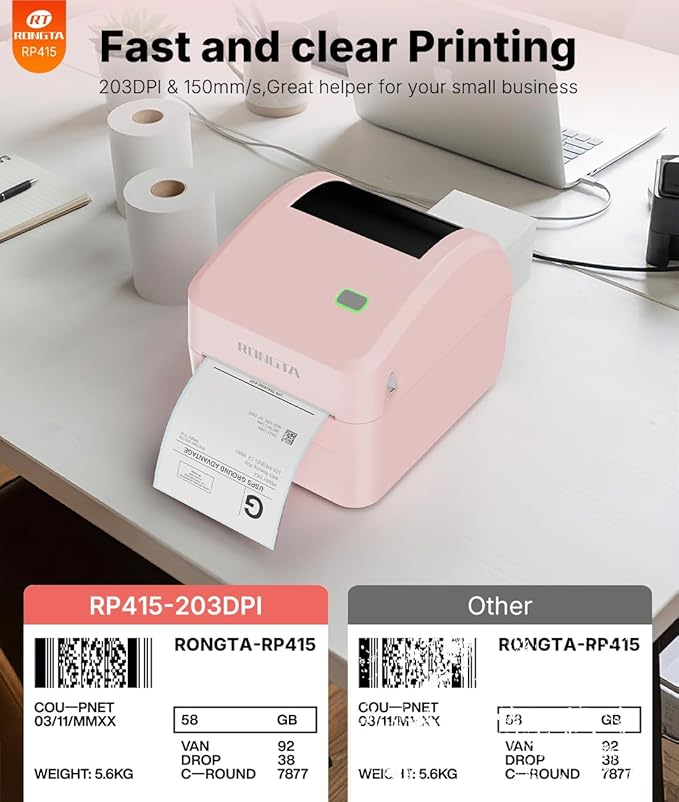 Rongta 4x6 Bluetooth Shipping Label Printer - Thermal Label Printer for Shipping Packages, Small Business, Home, Office, Compatible with Amazon, Tiktok, Etsy, USPS, Commercial Grade, Pink