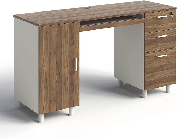 Modern Design Venice Computer Office Desk with 3 Locking Drawers and Storage Cabinet, 53 Inch Home and Office Executive Walnut and White Desk with Keyboard Tray by Crafts and Comfort