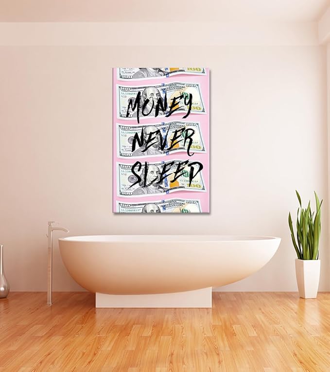 Money Never Sleep Wall Art - Modern Pink Background with Dollar Bill Prints Inspirtaional Quote Poster Motivational Wall Decor for Office Home Bedroom Living Room, Framed Large 28"x44"