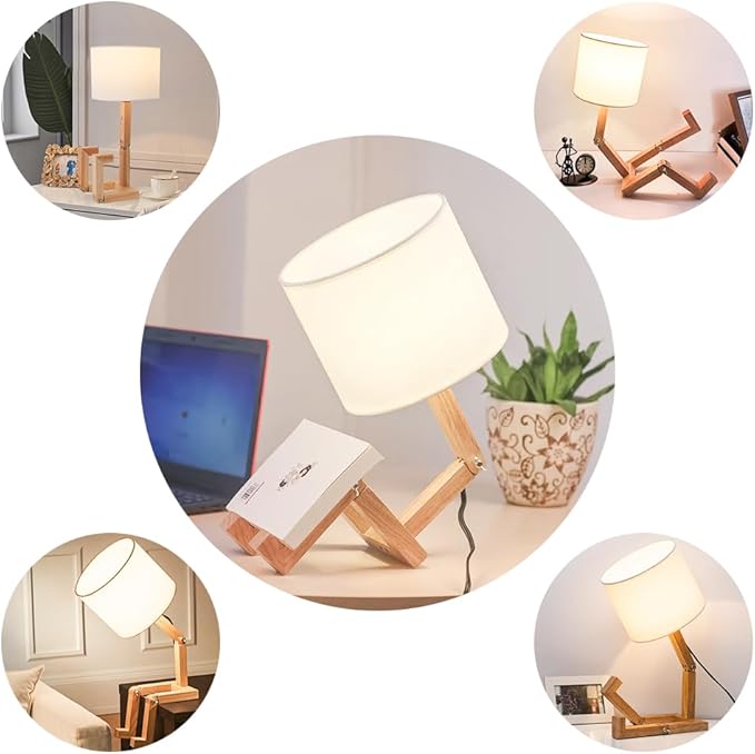 ELINKUME Robot Bedside Lamp, Fabric Lampshade Match Foldable Solid Wood Body, Creative E27 Screw Table Lamp for Bedroom Living Room