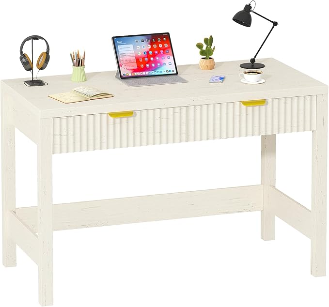 Fluted Computer Desk with 2 Drawers, 39 Inch Small Computer Desk with Storage, Compact Writing Study Vanity Desk for Small Spaces, White