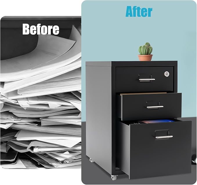 3 Drawer Vertical File Cabinet, Filing Cabinets for Home Office, Metal Vertical File Storage Cabinet with Lock, Locking File Cabinet for Office, Study, Dresser, 11" W x 16" D x 18.3" H, Black (Black)