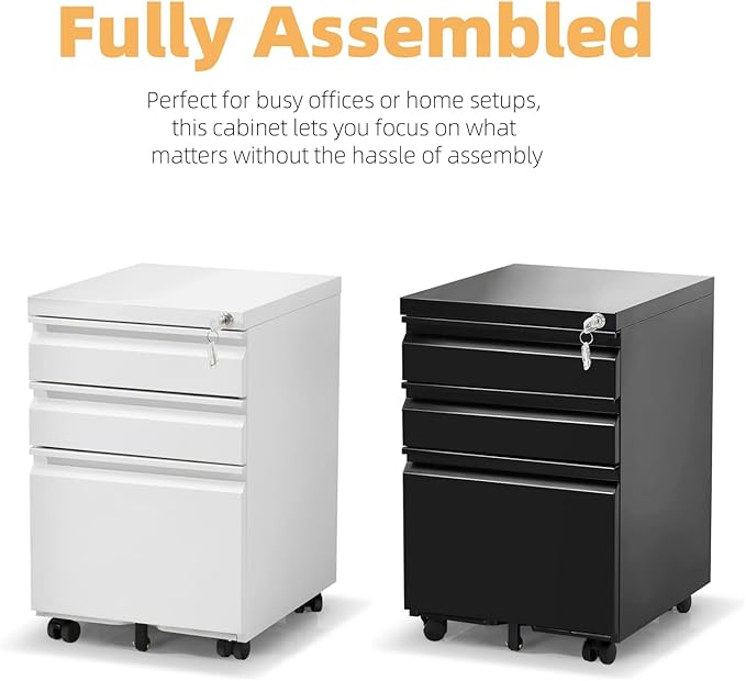 Filing Cabinet 3 Drawer, Locking File Cabinets for Home Office, Mobile Filing Cabinet for A4/Letter/Legal Size File Folders, Fully Assembled, Matte White