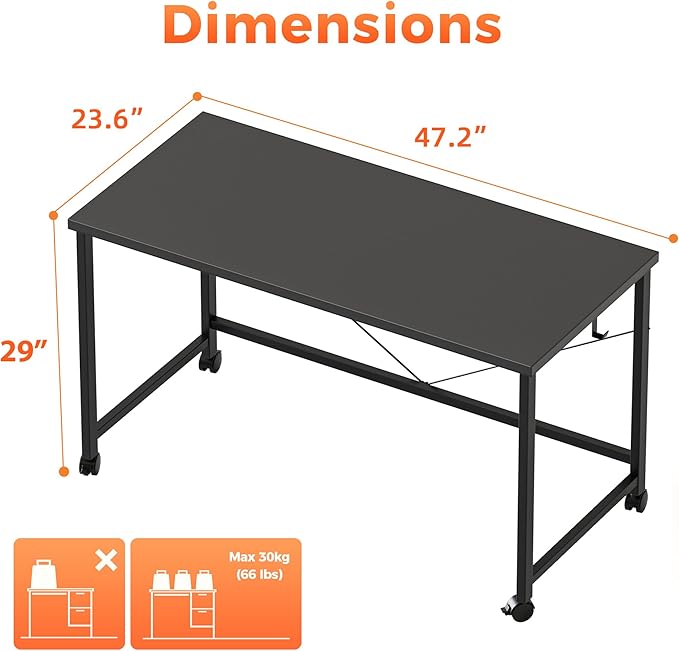 Mericonia 48 inch Rolling Computer Desk with Wheels, Gaming Desk for Small Spaces, Modern Simple Style Table for Home Office, Study Writing Table