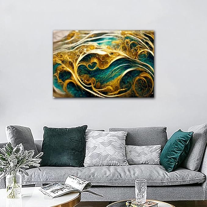 Modern Abstract Poster Decor 1 Panel Canvas Wall Art Golden Swirls Poster Printing Deep Sea and Soil Picture Prints on Canvas for Lady Men Living Room Bedroom Office Wall Decoration 36x24 in