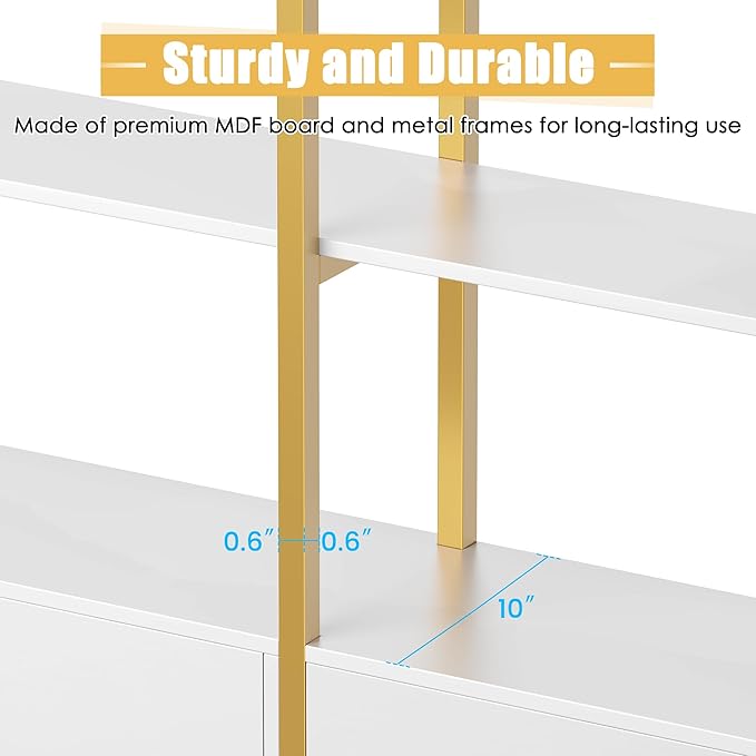 86" Gold Bookshelf, Triple Wide 5 Tier Arched Bookshelves & Bookcases with Storage, Large Modern Metal Book Shelf Stand for Bedroom/Living Room/Office Display Shelves, White & Gold