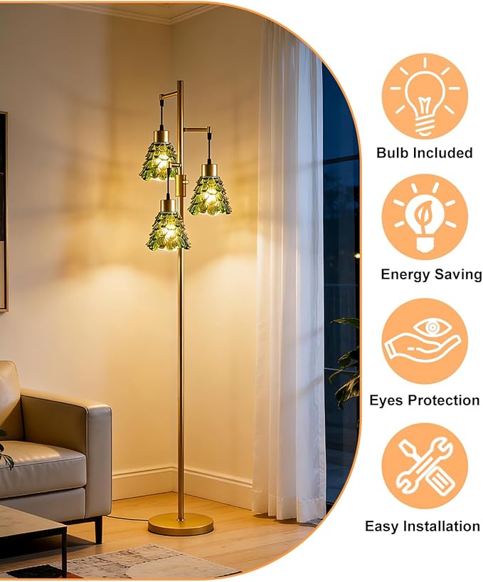 Glass Floor Lamps for Living Room, 67'' 3-Light Dimmable Floor Lamp with Green Glass Shade& E12 Bulbs Included, Mid Century Standing Tall Lamp for Bedroom/Sofa Beside/Corner Decor-Gold
