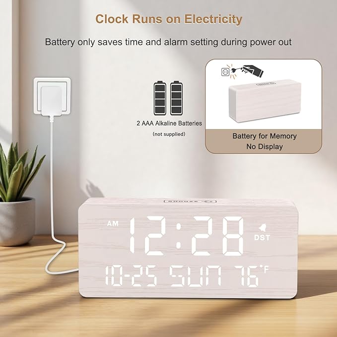 DreamSky Wooden Digital Alarm Clocks for Bedrooms - Living Room Desk Clock with Date and Day of Week, Temperature, USB Port, Dimmer Wheel, Adjustable Volume, Auto DST, Wood Decor for Office Table