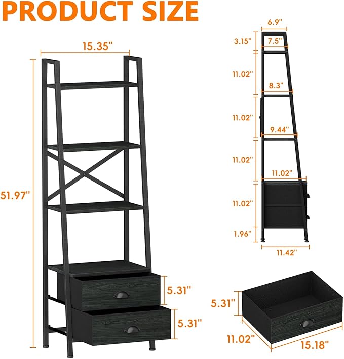 Furologee 4-Tier Ladder Shelf,Small Bookshelf with 2 Drawers,Vertical Bookcase Storage Rack Organizer,Display Bookshelves for Living Room,Bedroom,Bathroom,Home Office,Kitchen,Black Oak