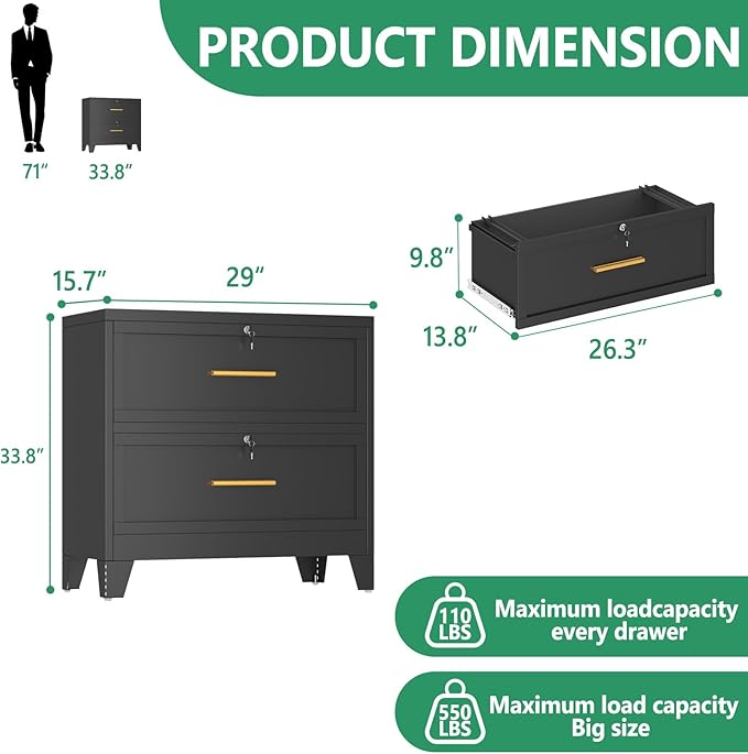Metal Lateral File Cabinet with Lock,2 Drawer Steel Wide Filing Organization Storage Cabinets,Filing Cabinet for Legal/Letter/A4/F4 Size with Hanging Files&Key,Lockable Cabinet for Home Office