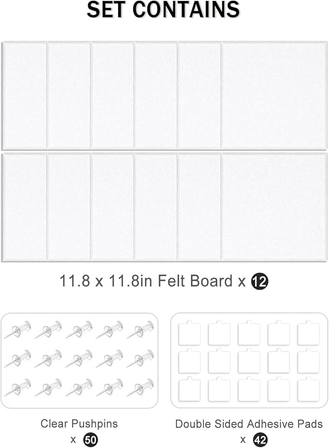 Hsurbtra Large Cork Board for Wall 47 x 36 Inch, 12 Pack Felt Bulletin Notice Board with Pushpins for Office Home School Farmhouse Wall Decor, White