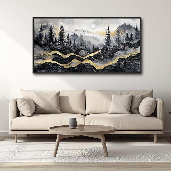 KELIYUAAN Large Canvas Wall Art For Living Room Black Framed Wall Decor For Bedroom Office Home Decorations Prints Pictures Abstract mountain landscape Painting Artwork Wall Aesthetics 20"X40"