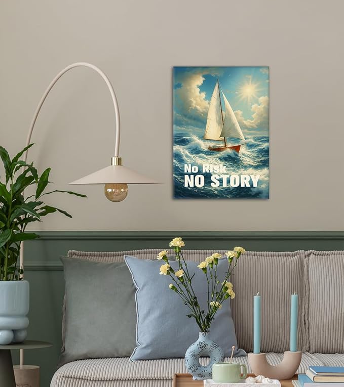 No Risk No Story Motivational Wall Art, Inspirational Sailboat Canvas Print with Encouraging Quote Inspiring Wall Dercor Ocean Landscape Poster Modern Nautical Artwork for Office Home, Framed 12"x16"