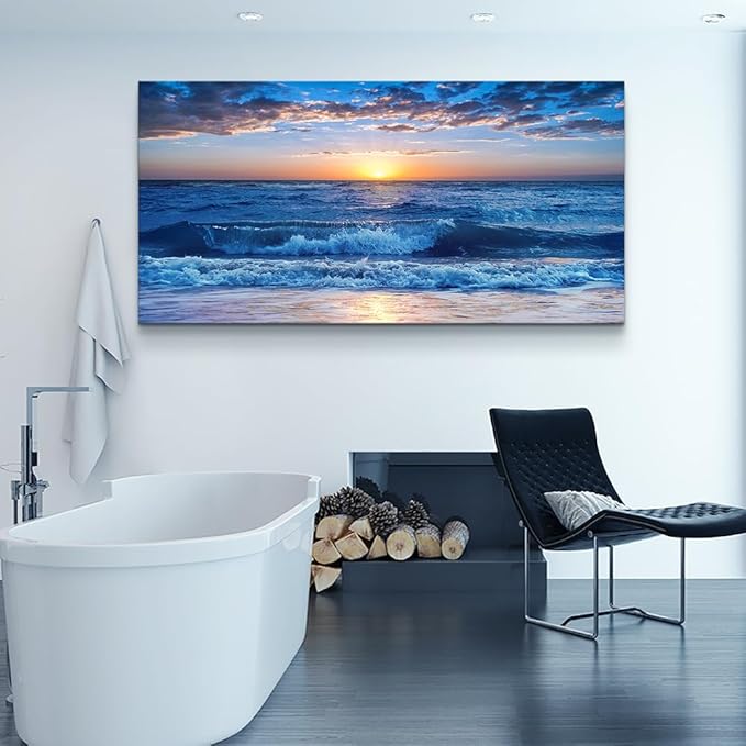 Lapremoly Canvas Wall Art - Large Blue Ocean Beach Wall Painting for Living Room, Bedroom & Office - 20" X 40"