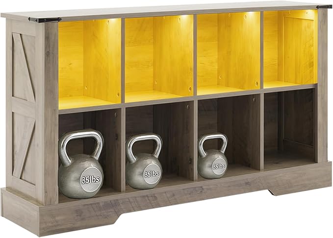 8 Cube Storage Organizer, 2 Tier Book Shelf with Led Lights, Farmhouse Book Shelves for Living Room, Horizontal Toy Storage Bookshelf, Wood Display Bookcase Cabinet for Bedroom, Office, Grey