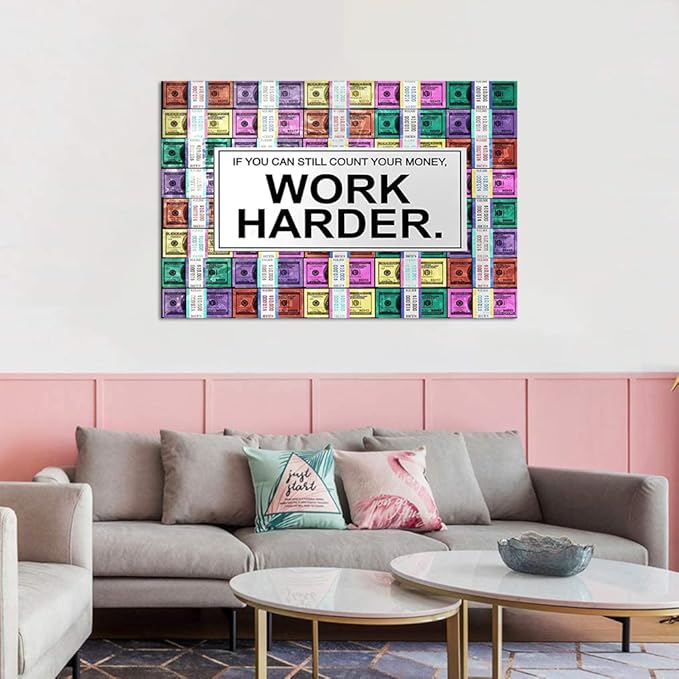 Motivational Framed Art Abstract Colorful Money with Work Harder Positive Quotes Modern Home Decor Office Wall Decorations Study Room Corridor Decor Framed Ready to Hang, 36" Wx24 H