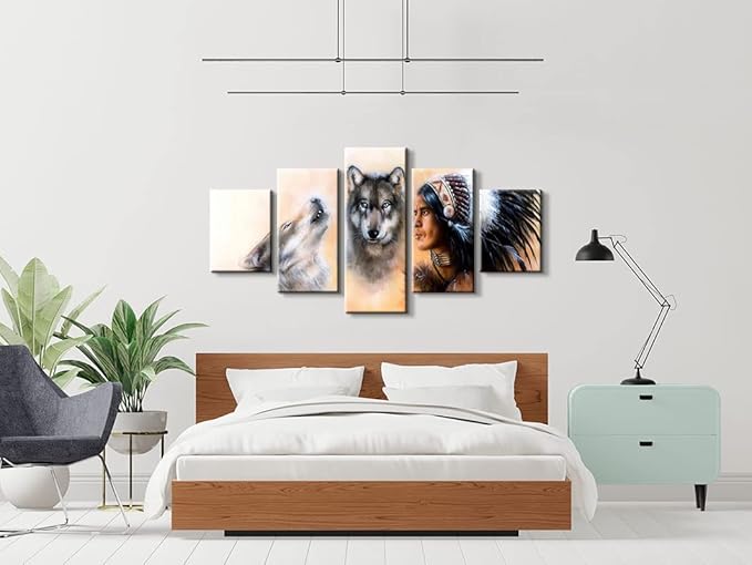 5 Native American Chief with Wolves Poster - Indian Wall Art for Living Room Decor (50''W x 24''H)