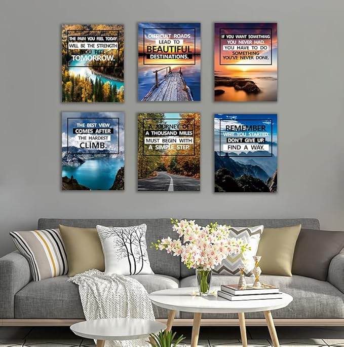 Inspirational Canvas Decoration Painting, landscape Canvas Wall Art，Suitable for Library, School, Gym,Office， Living Room Decor,6-Pack，Tabletop/Hanging(20.32 x 25.4 cm) Framed