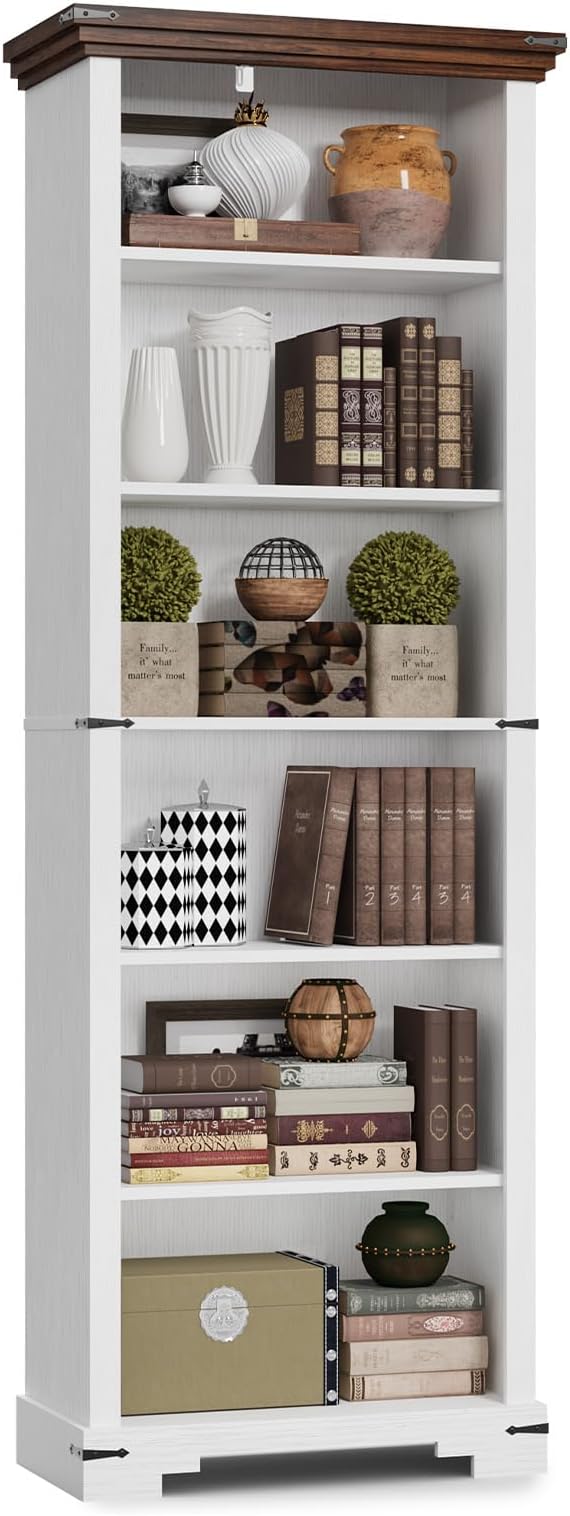 6-Tier Farmhouse Bookshelf, 73 inch Tall Book Shelf with Unique Design & 2 Adjustable Shelves, Wooden Bookshelf for Study Room, Living Room, Kitchen, Bedroom (White)