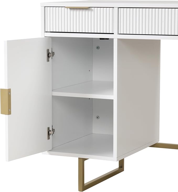 Nathan James Jacklyn White Modern Computer Desk, Workstation or Writing Desk for Small Spaces with Drawers and Cabinet Storage, White/Pale Gold