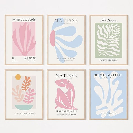 Henri Matisse Wall Art Prints Pink Blue Canvas Wall Decor Aesthetic Pictures Wall Art Danish Pastel Painting Henri Matisse Poster Trendy Artwork for Bedroom 8x10 Inch Unframed Set of 6