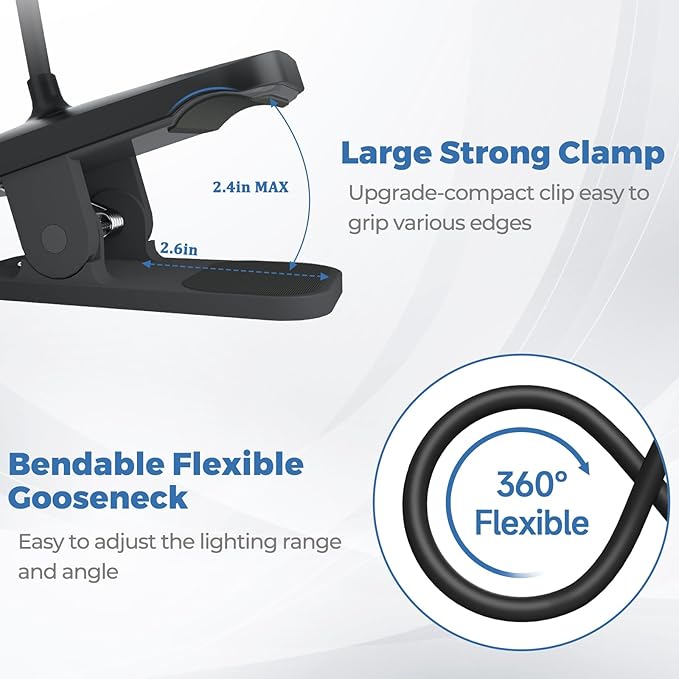 CUHIOY 2Pack Clip on Reading Light, 5 Colors 5 Brightness Bed Light for Headboard, Battery Rechargeable Flexible Neck Desk Lamp with Strong Clamp, Eye Protect LED Night Light for Kids Bunk Bed（Black）