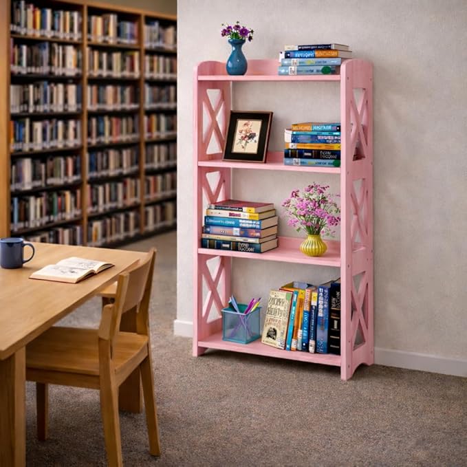 Pink Bookcase by Natural Wood, 4 Tier Bookshelf, Small Book Shelves Freestanding Display Storage Shelves. Open Bookshelf for Bedroom, Living Room and Office (Pink, 4 Tier)
