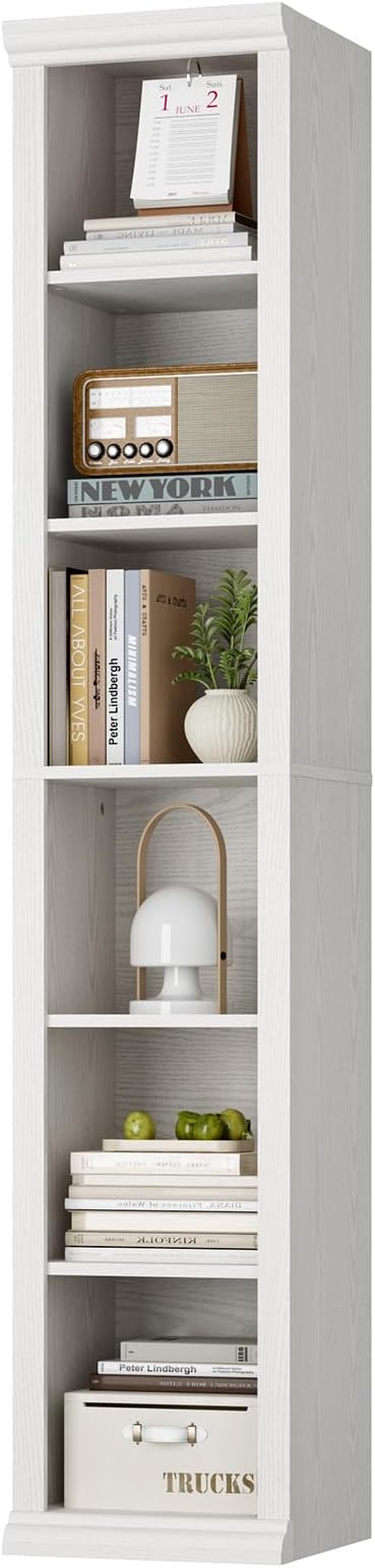 Rresyet Tall Narrow Bookcase, 6-Tier Bookshelf, Modern Open Display Storage Shelf for Living Room, Home Office, Bedroom, White