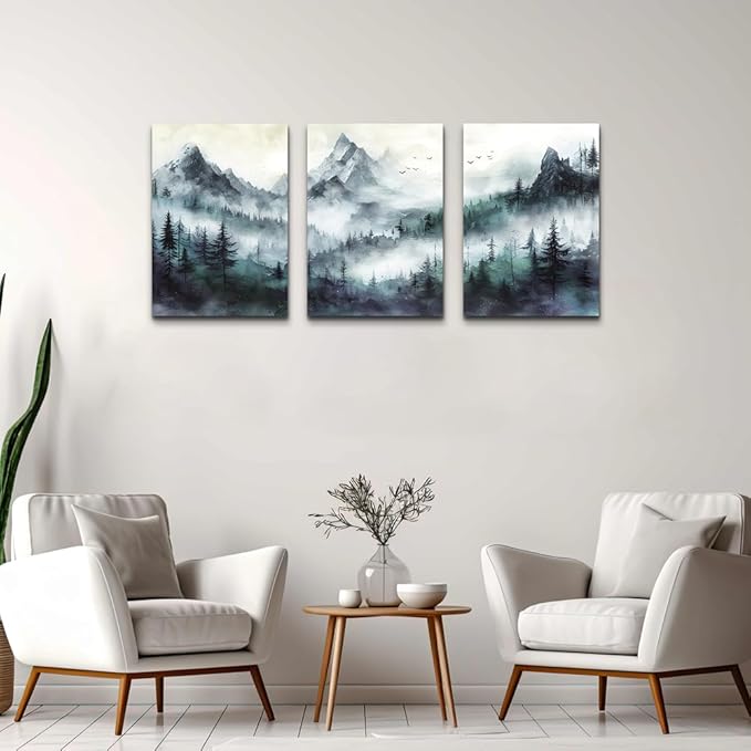 TTHYUEWS Canvas Wall Art - Modern Misty Mountain Forest Wall Painting for Bedroom, Living Room, Office - 3 Piece Set